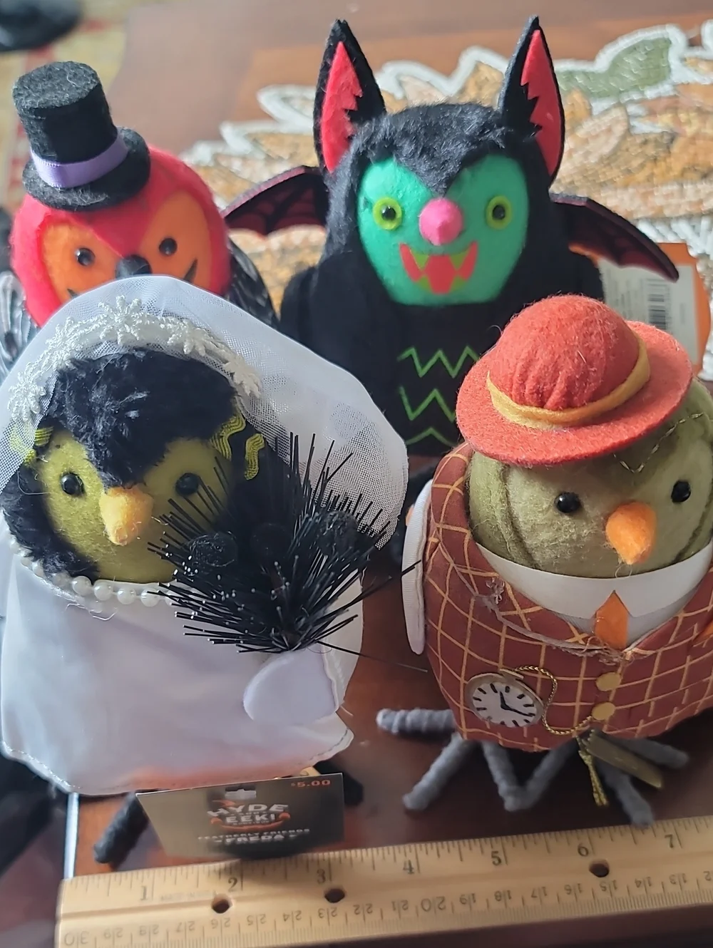 Set Of 4- Halloween Birds - Green Bat, Orange Pumpkin, Bride & Dapper Bird